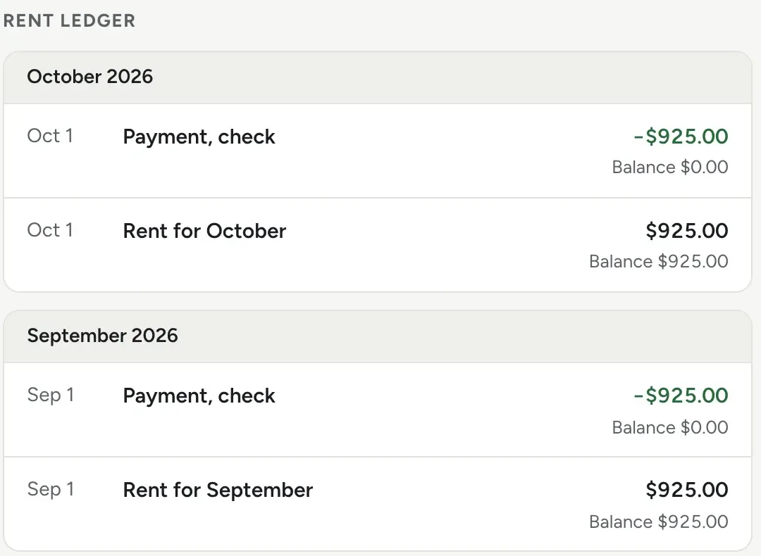 A rent ledger by month: in October and September, rent of $925 charged and paid by check, with the balance after each entry.
