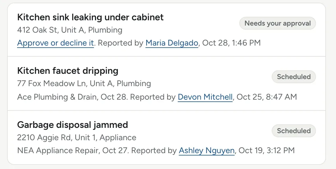 Three open work orders: a kitchen sink leak that needs approval, and two scheduled with Ace Plumbing & Drain and NEA Appliance Repair.